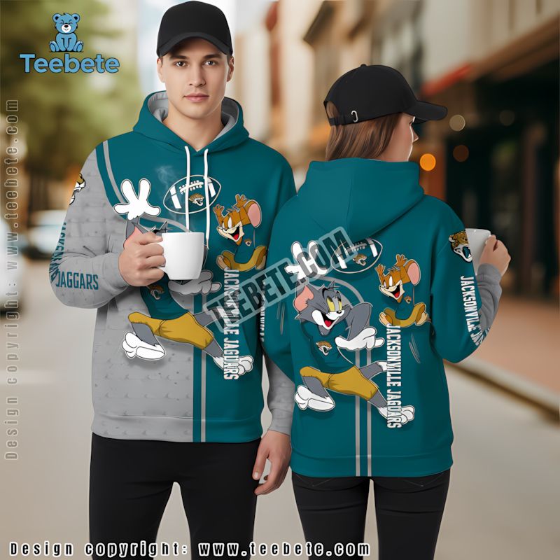 Jacksonville Jaguars Tom And Jerry 3D Hoodie Light Blue Grey Mens