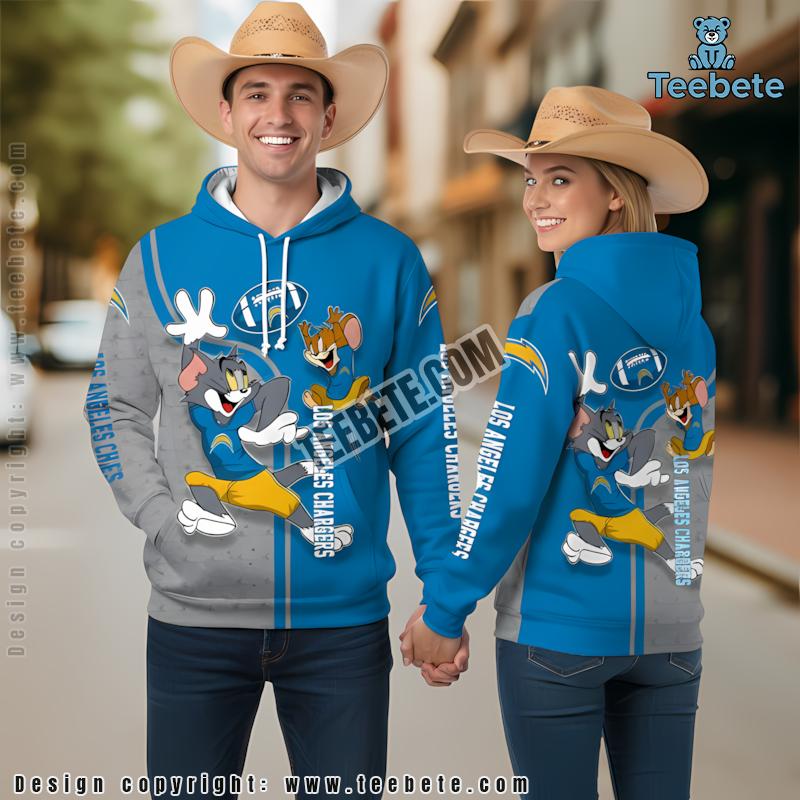 Los Angeles Chargers Tom And Jerry 3D Zip Up Hoodie Grey Blue