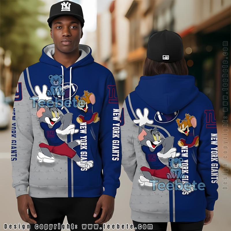 New York Giants Tom And Jerry 3D Hoodie Grey Blue Puff Print