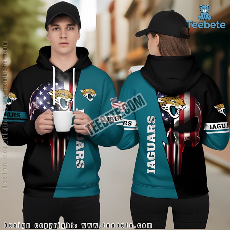 Jacksonville Jaguars Skull Us Flag 3D Hoodie Black Blue Pullover