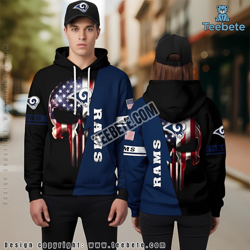 Us Flag Skull Los Angeles Rams 3D Hoodie Pullover Blue Black