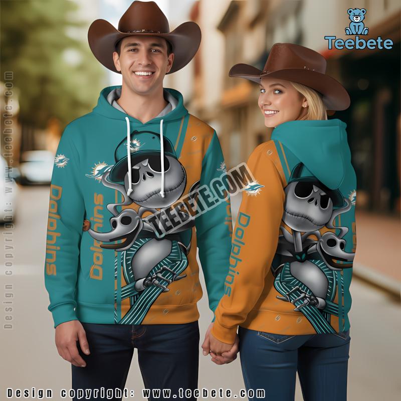 Miami Dolphins Jack Skellington Zero Halloween 3D Hoodie Blue Orange Mens