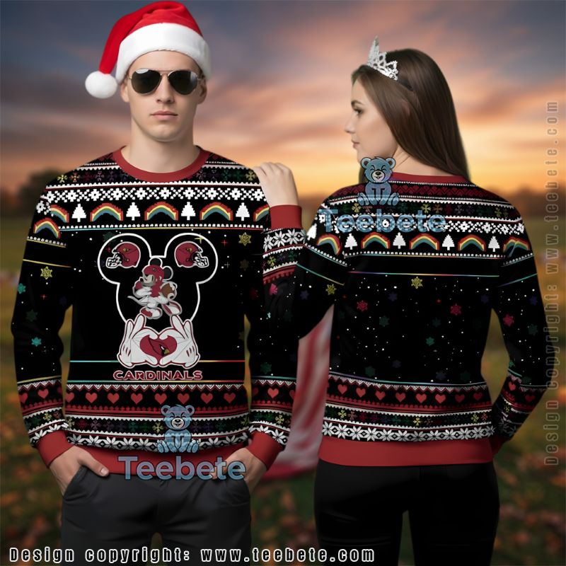 Arizona Cardinals Mickey Mouse Heart Ugly Christmas Sweater On Sale Black