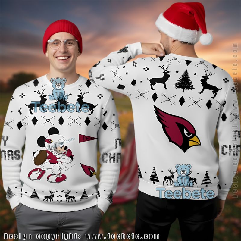 Arizona Cardinals Mickey Player Ugly Christmas Cardigan White Disney