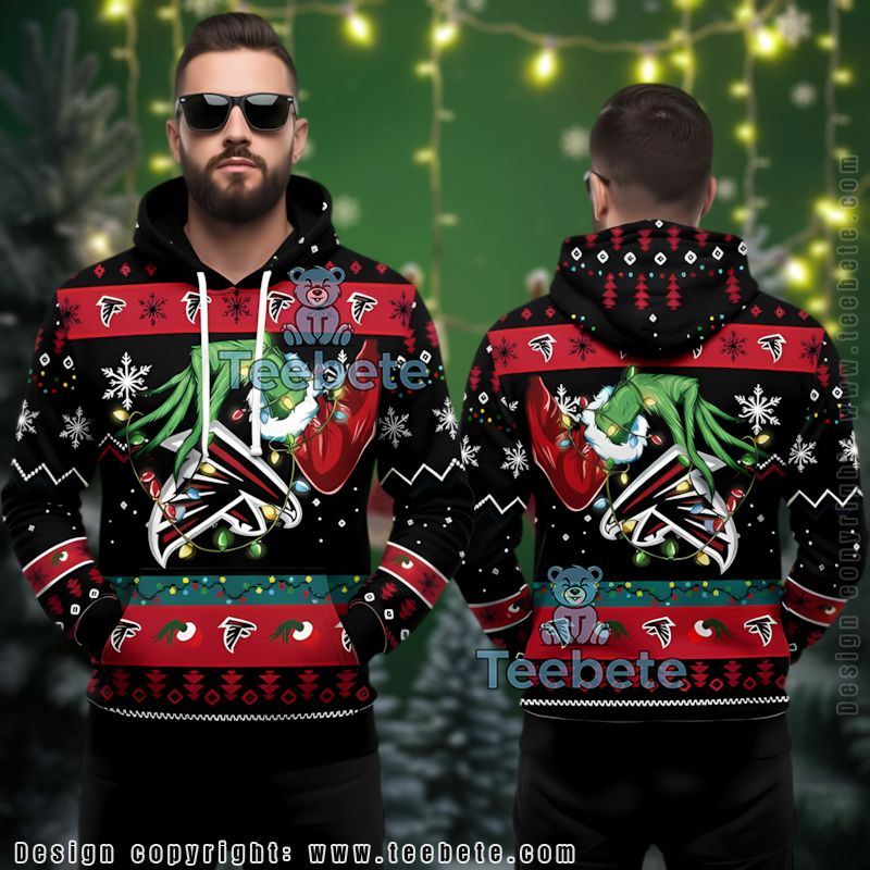 Atlanta Falcons Festive Grinch Hand Ugly Pullover 3D Hoodie