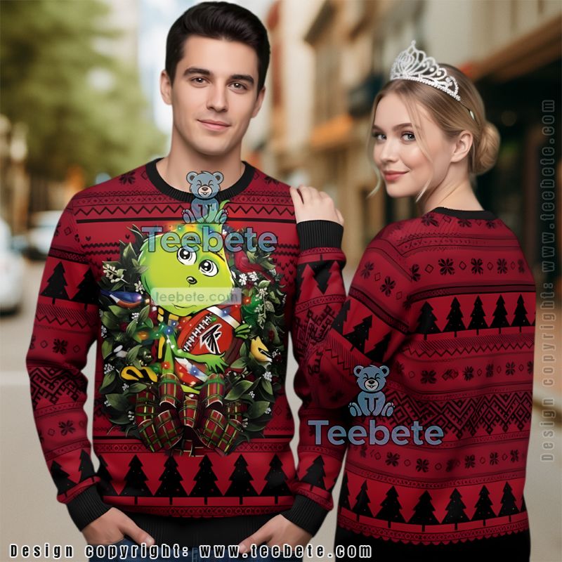 Atlanta Falcons Grinch Hug Wreath Ugly Christmas Sweater Red Cute