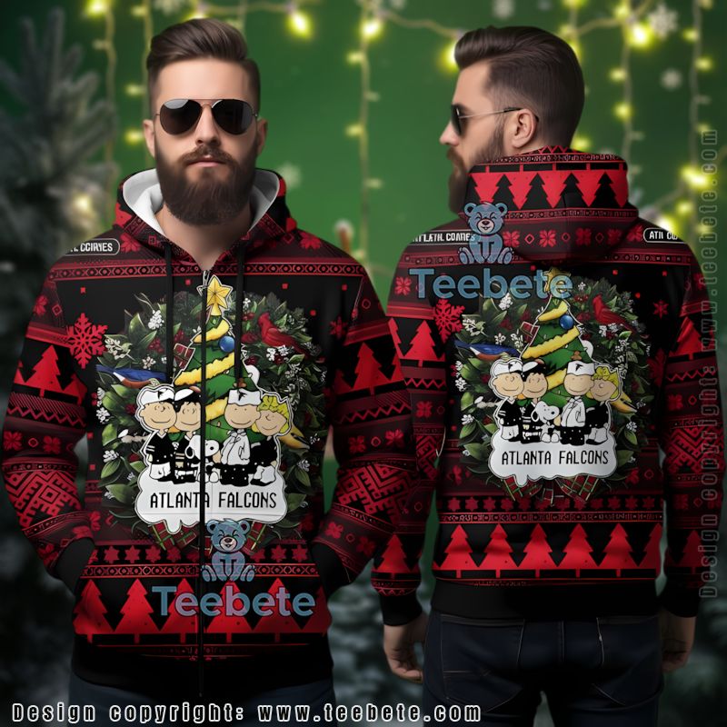 Atlanta Falcons Peanuts Gang Christmas Ugly 3D Zip Hoodie