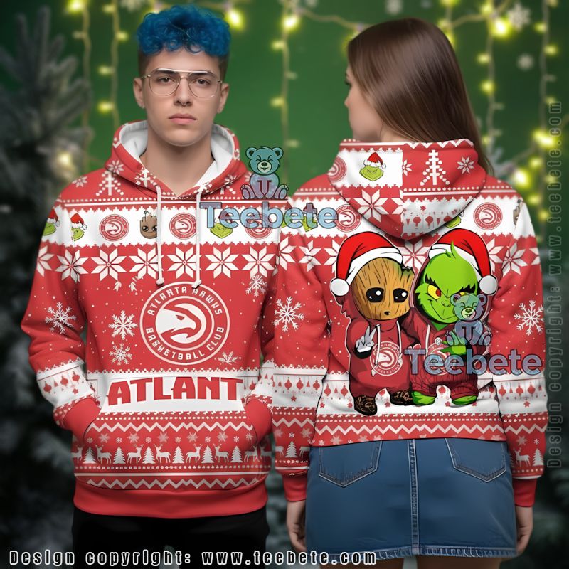 Atlanta Hawks Baby Groot The Grinch Ugly 3D Hoodie Zipper
