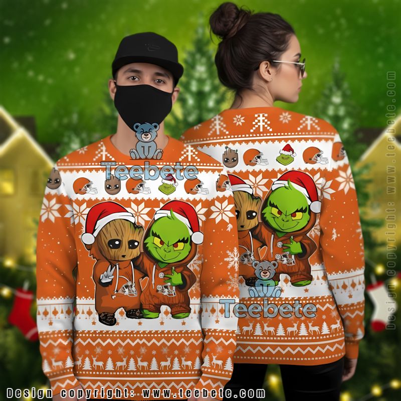 Baby Groot Grinch Cleveland Browns Ugly Christmas Sweater Couples White Orange
