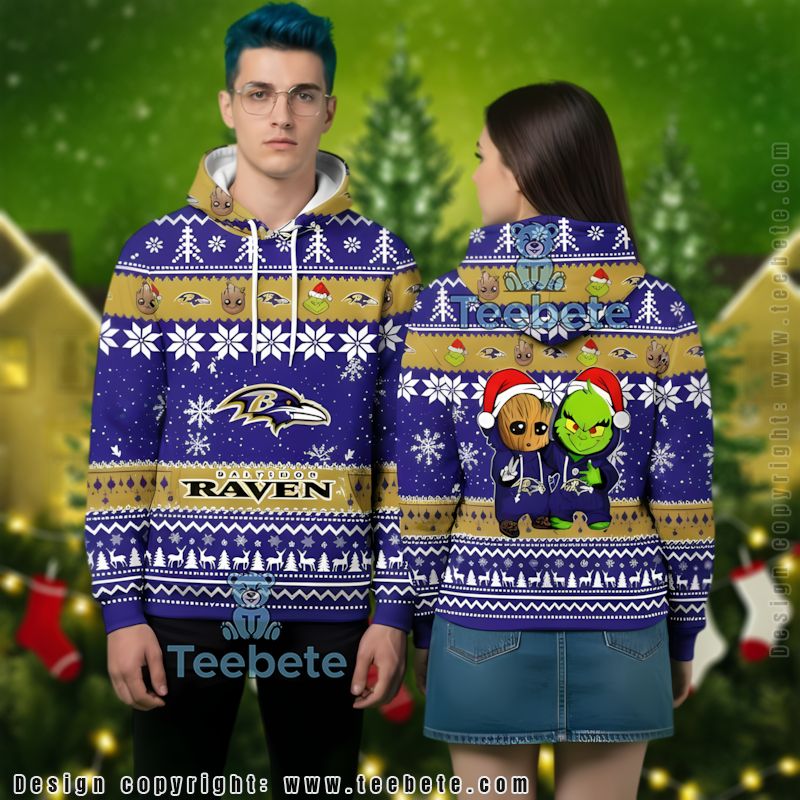 Baltimore Ravens Baby Groot The Grinch Ugly 3D Hoodie Unisex