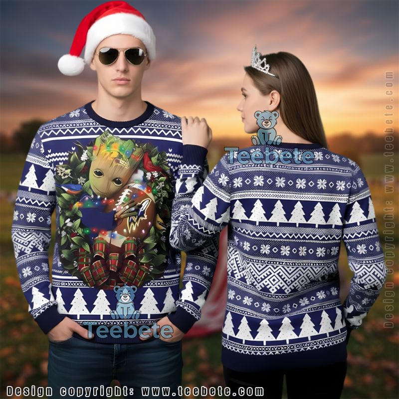 Baltimore Ravens Baby Groot Ugly Christmas Sweater Purple Cheap