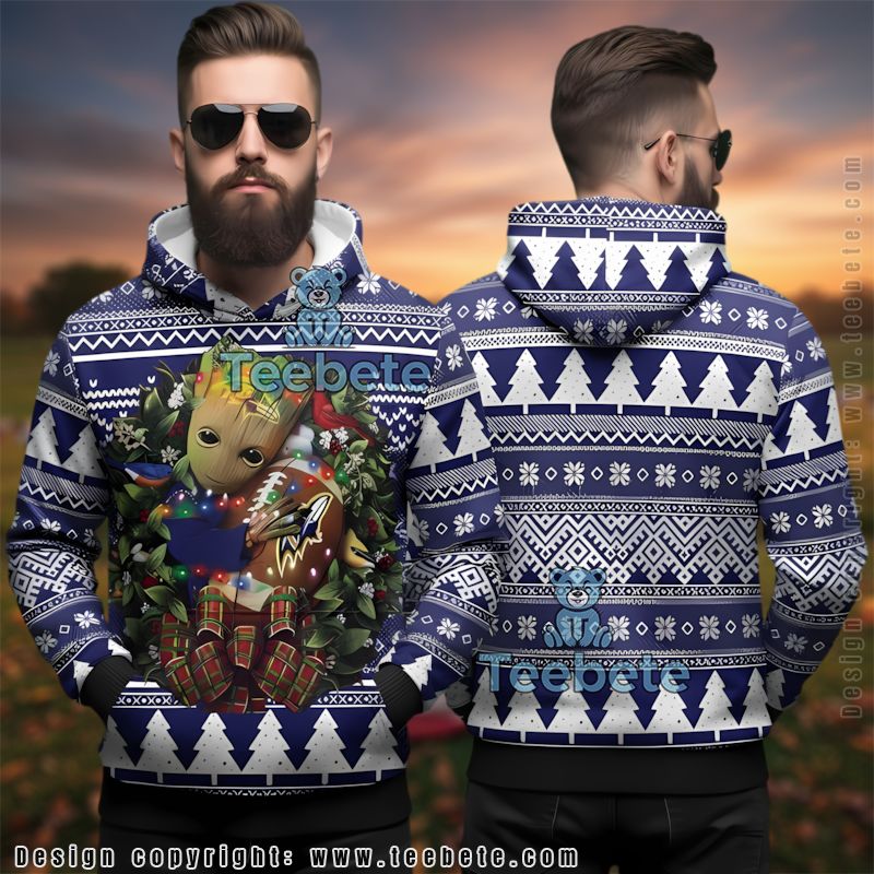 Baltimore Ravens Christmas Baby Groot Ugly 3D Hoodie