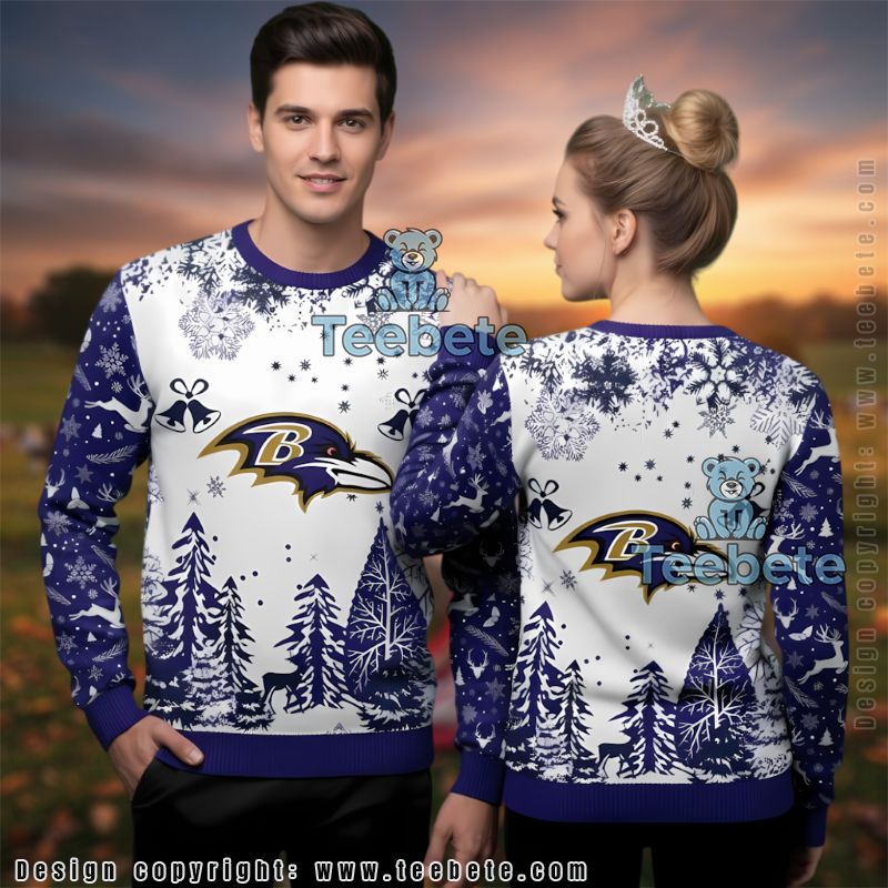 Baltimore Ravens Christmas Bell Reindeer Ugly Christmas Sweater Purple Mens