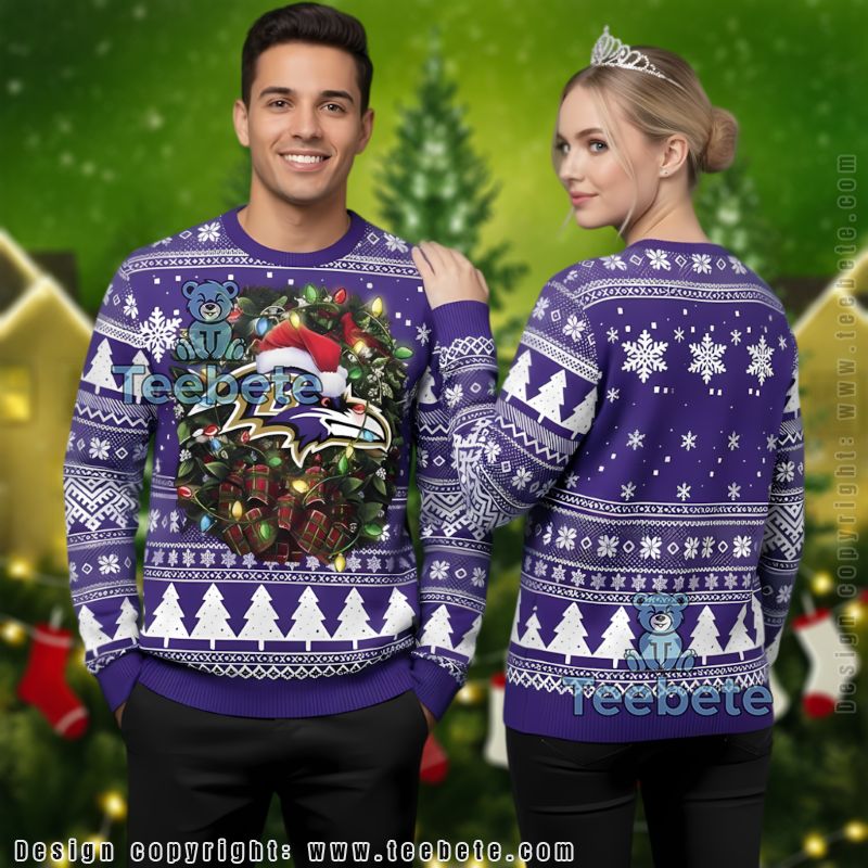 Baltimore Ravens Christmas Wreath Santa Hat Ugly Sweater Purple
