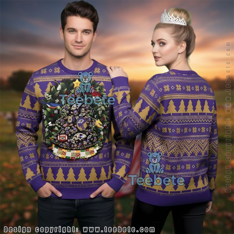 Baltimore Ravens Christmas Wreath Santa Hat Ugly Sweater Purple