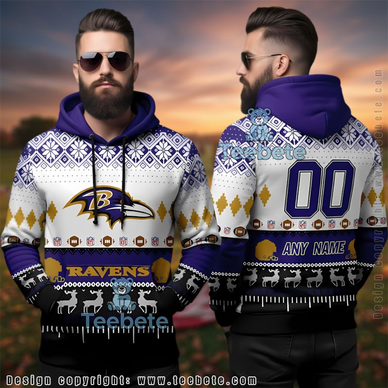 Baltimore Ravens Custom Name Number Ugly 3D Hoodie Holiday Pattern