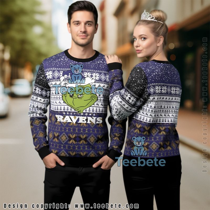 Baltimore Ravens Grinch Face Ugly Christmas Sweater Purple