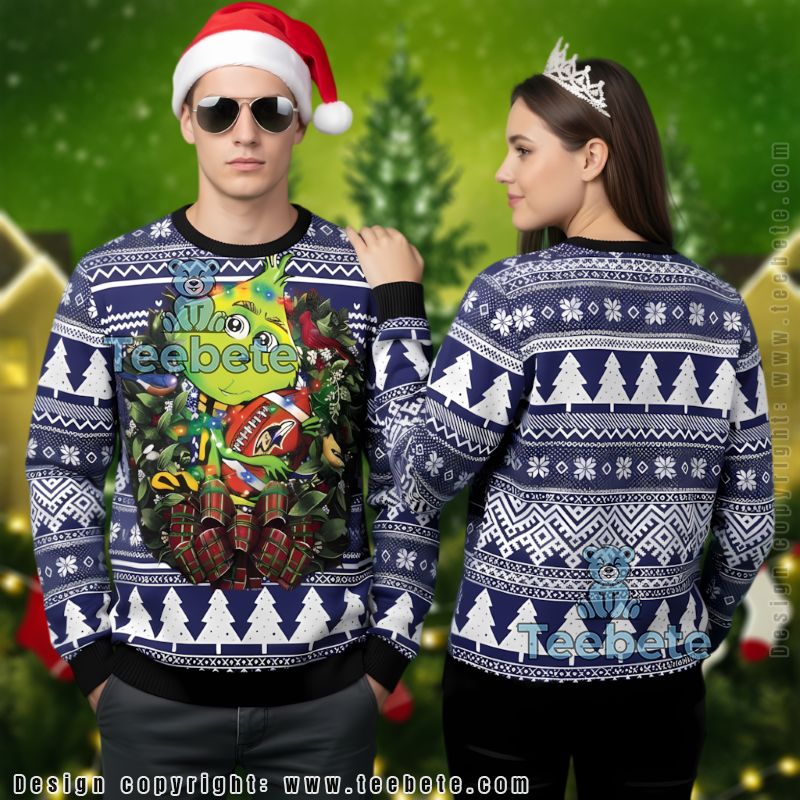 Baltimore Ravens Grinch Hug Ball Ugly Sweater Purple Mens