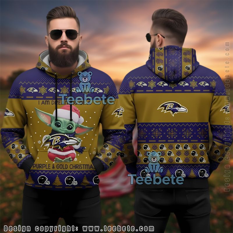 Baltimore Ravens Grogu Ugly Christmas 3D Hoodie Purple Gold