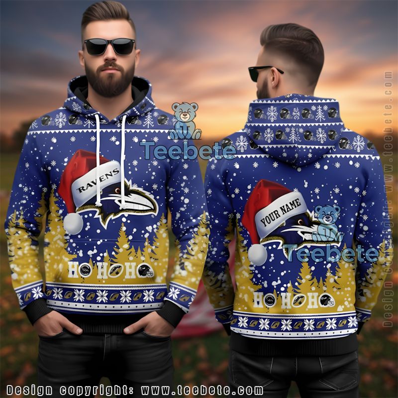 Baltimore Ravens Ho Ho Ho Santa Hat Ugly 3D Christmas Hoodie