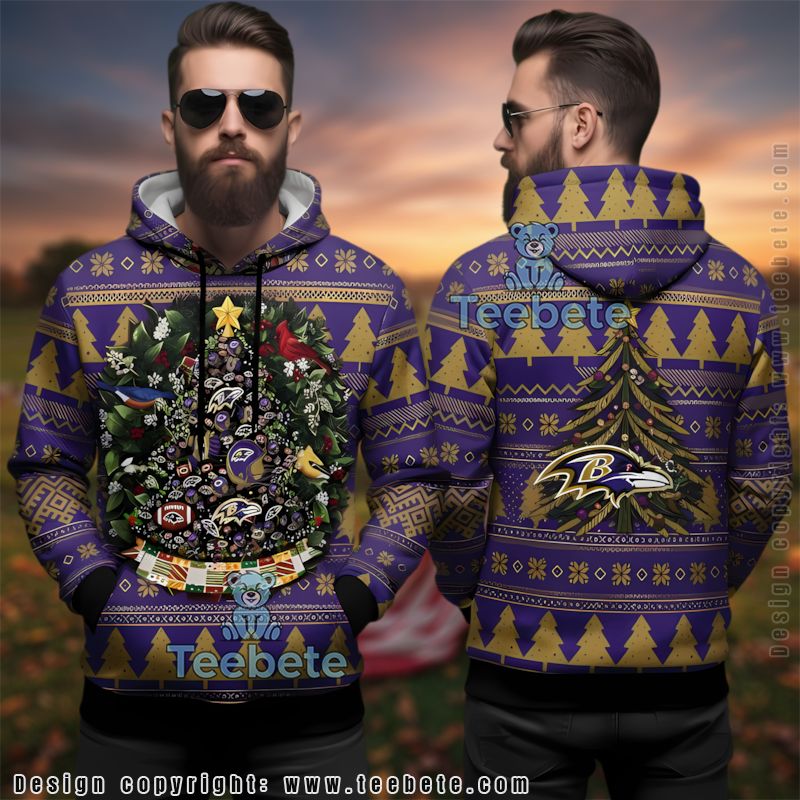 Baltimore Ravens Holiday Wreath Ugly 3D Hoodie Christmas Tree Pattern