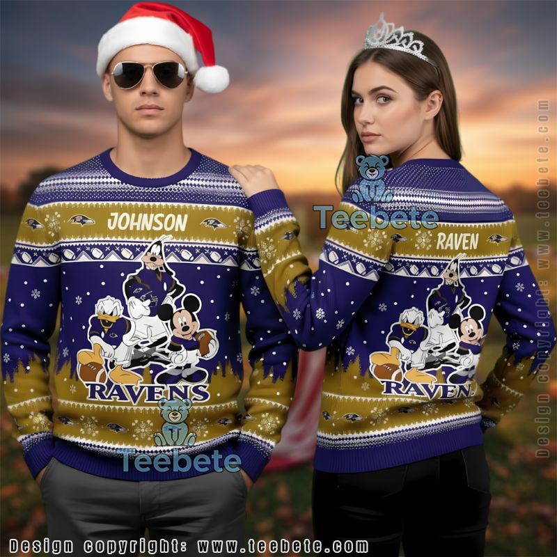 Baltimore Ravens Mickey Donald Disney Team Ugly Christmas Sweater Purple Adults