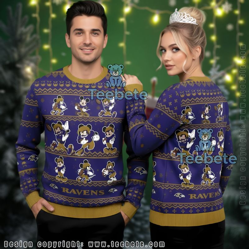 Baltimore Ravens Mickey Player Family Ugly Christmas Sweaters Purple