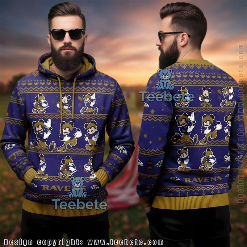Baltimore Ravens Mickey Running Pattern Ugly 3D Hoodie