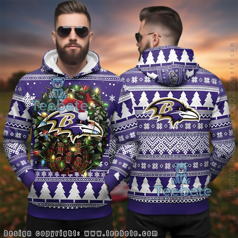 Baltimore Ravens Nfl Christmas Wreath Ugly 3D Hoodie