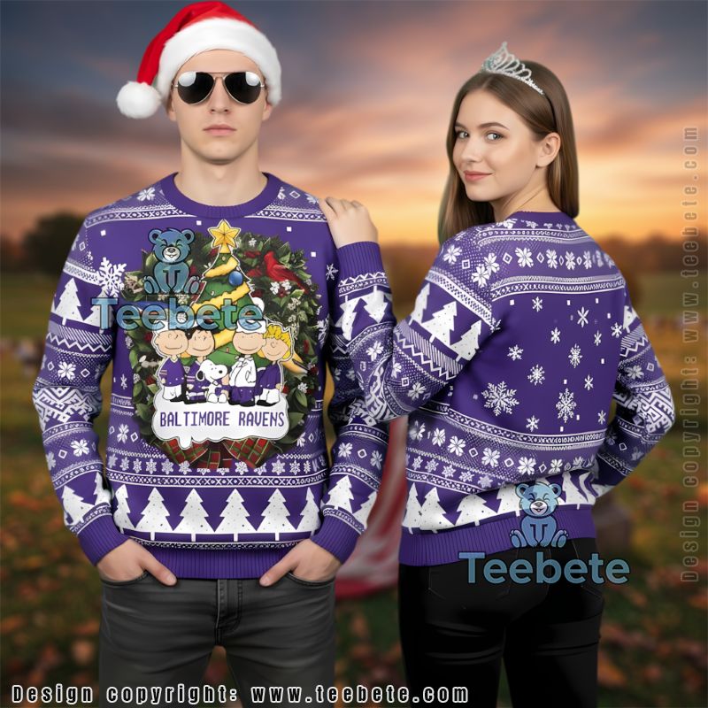 Baltimore Ravens Peanuts Snoopy Charlie Brown Ugliest Ugly Christmas Sweater Purple