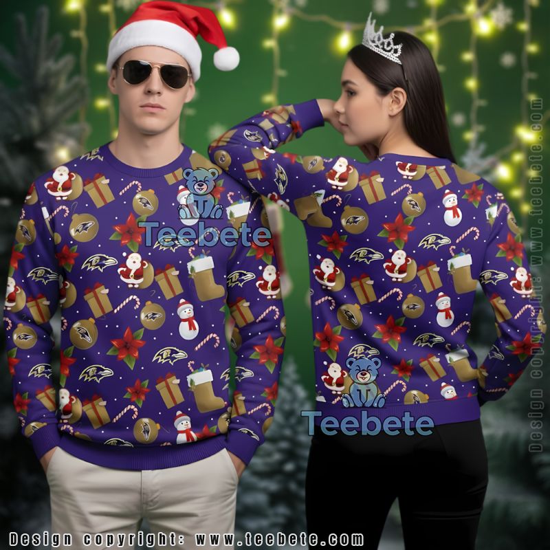 Baltimore Ravens Santa Claus Snowman Ugly Holiday Sweater Purple