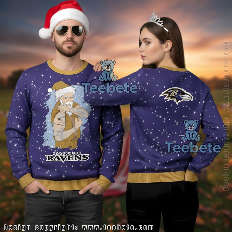 Baltimore Ravens Santa Claus Tattoo Logo Ugly Christmas Sweater Adults Purple