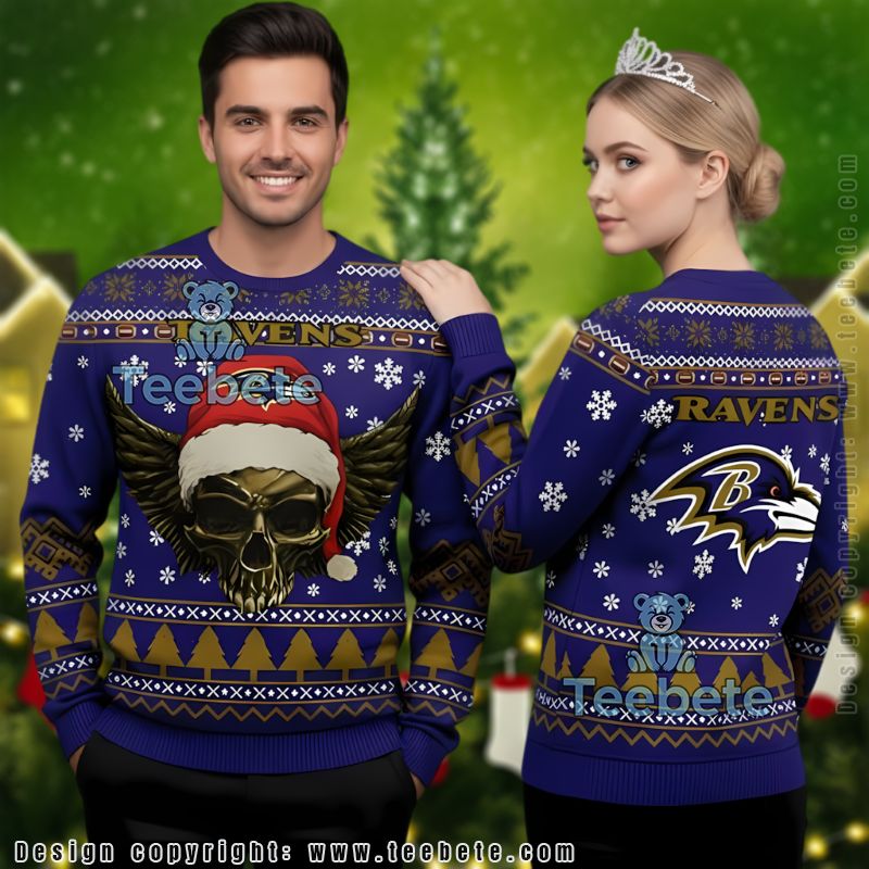 Baltimore Ravens Skull Santa Hat Ugly Christmas Sweater Purple Cardigan