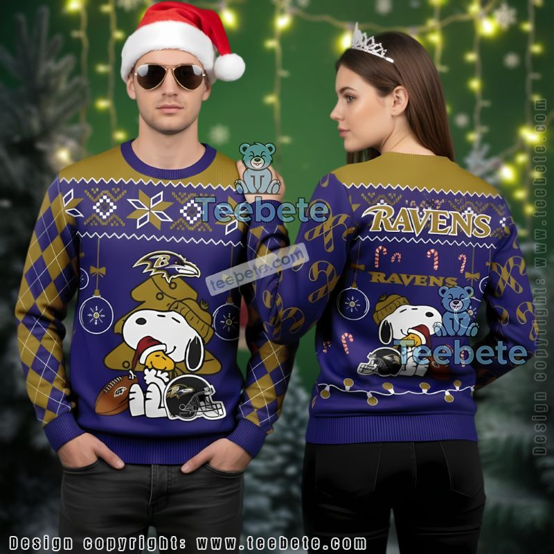 Baltimore Ravens Peanuts Snoopy Charlie Brown Ugliest Ugly Christmas Sweater Purple