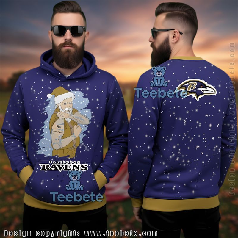 Baltimore Ravens Tattooed Santa Ugly 3D Hoodie Holiday Gear