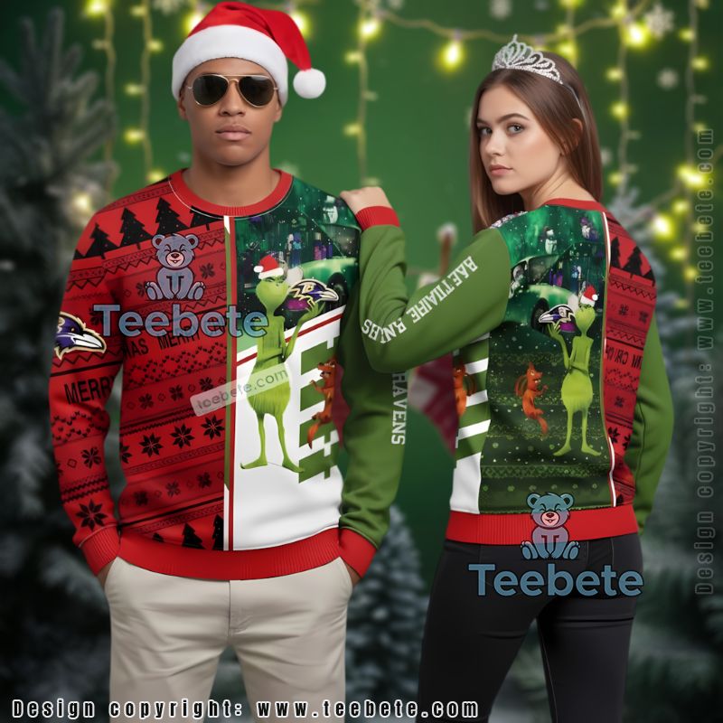 Baltimore Ravens The Grinch And Dog Max Ugly Holiday Sweater Red