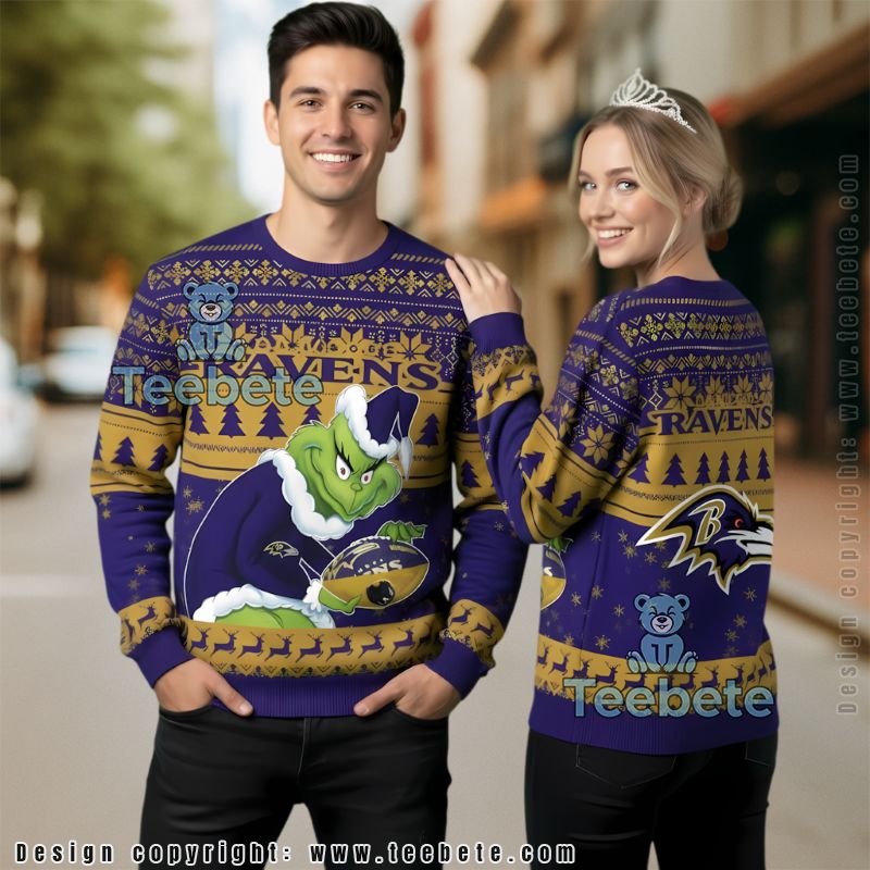 Baltimore Ravens The Grinch And Dog Max Ugly Holiday Sweater Red