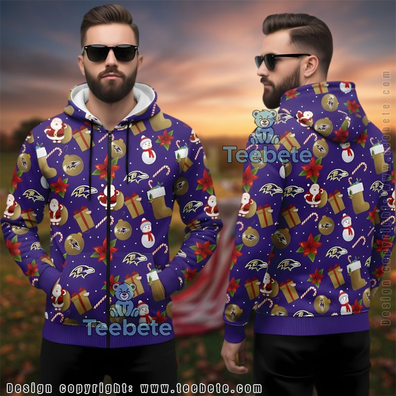 Baltimore Ravens Ugly 3D Hoodie Christmas Santa Snowman Pattern