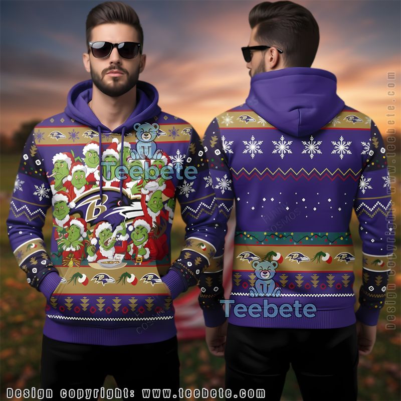 Baltimore Ravens Ugly 3D Pullover Hoodie Grinchmas Holiday Print