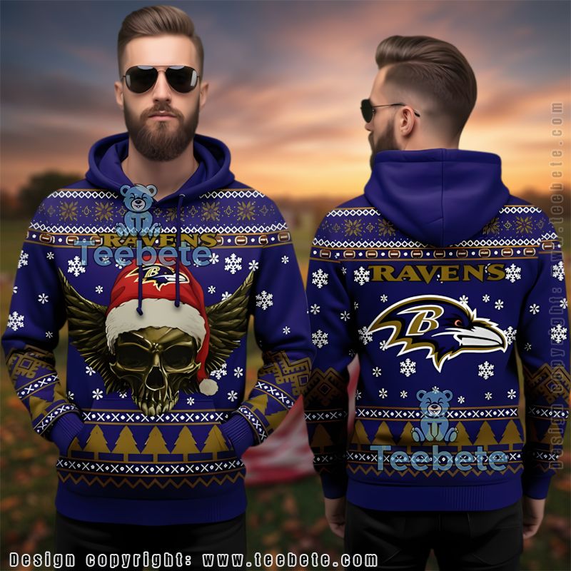 Baltimore Ravens Ugly 3D Pullover Hoodie Skull Wings Holiday