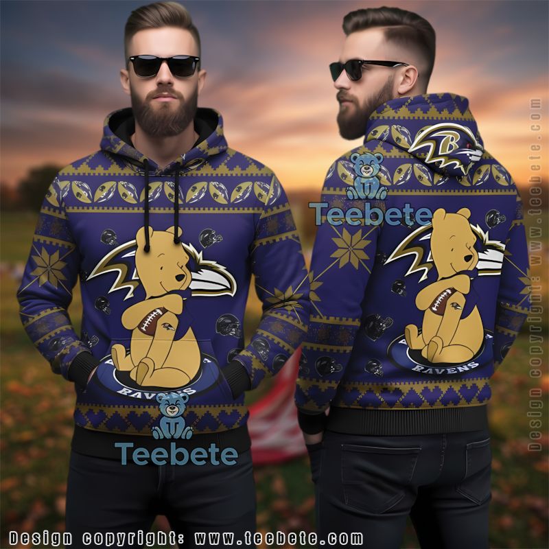Baltimore Ravens Winnie Pooh Christmas Ugly 3D Hoodie Men