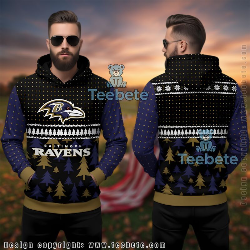 Baltimore Ravens Xmas Tree Ugly 3D Hoodie Holiday Fan Gear