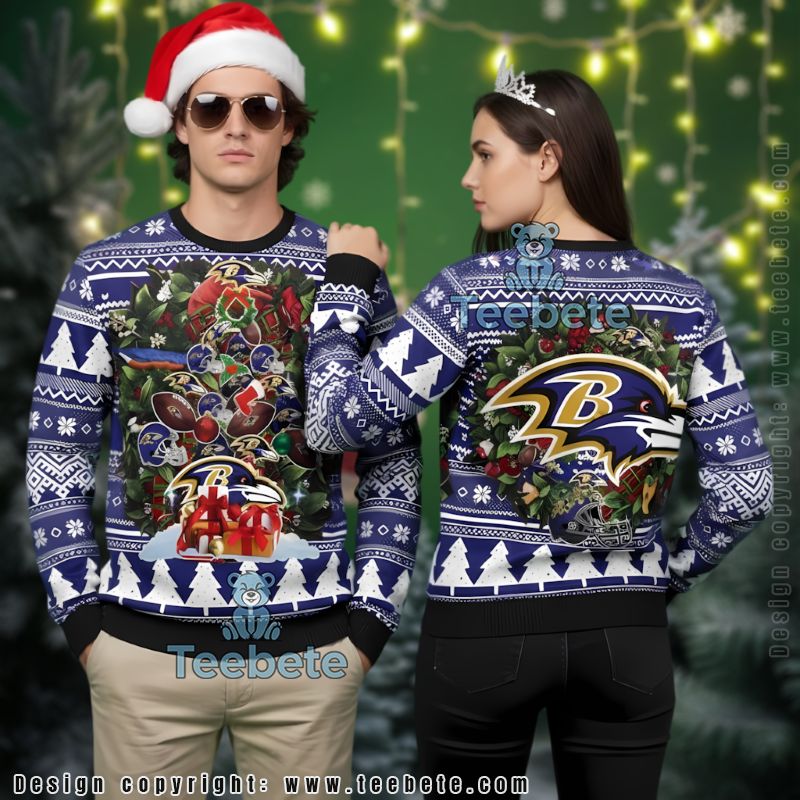 Baltimore Ravens Xmas Tree Wreath Ugly Christmas Sweater Purple Funny