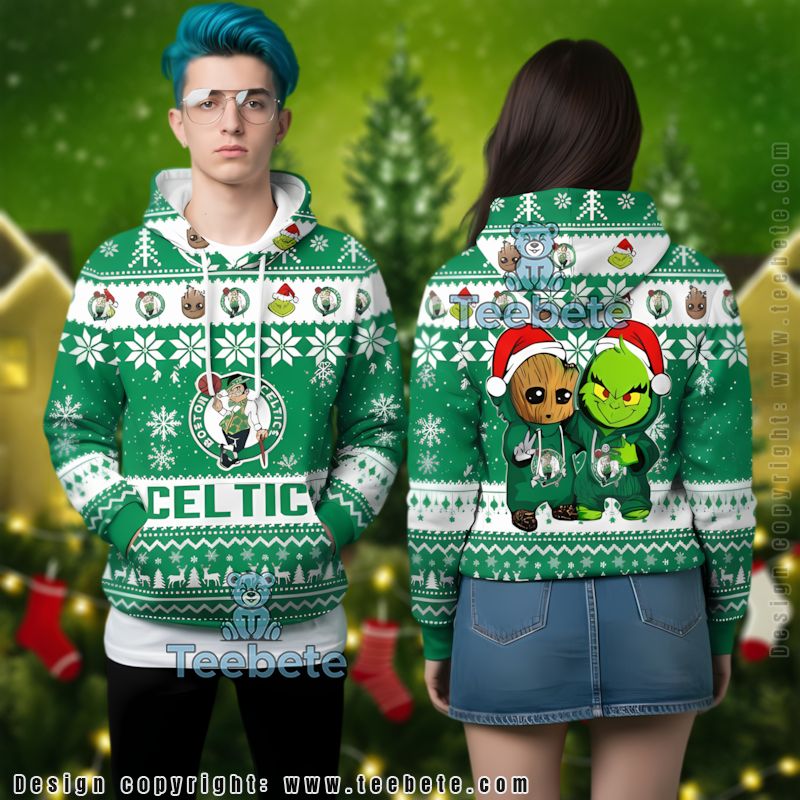 Boston Celtics Baby Groot The Grinch Ugly 3D Hoodie Design