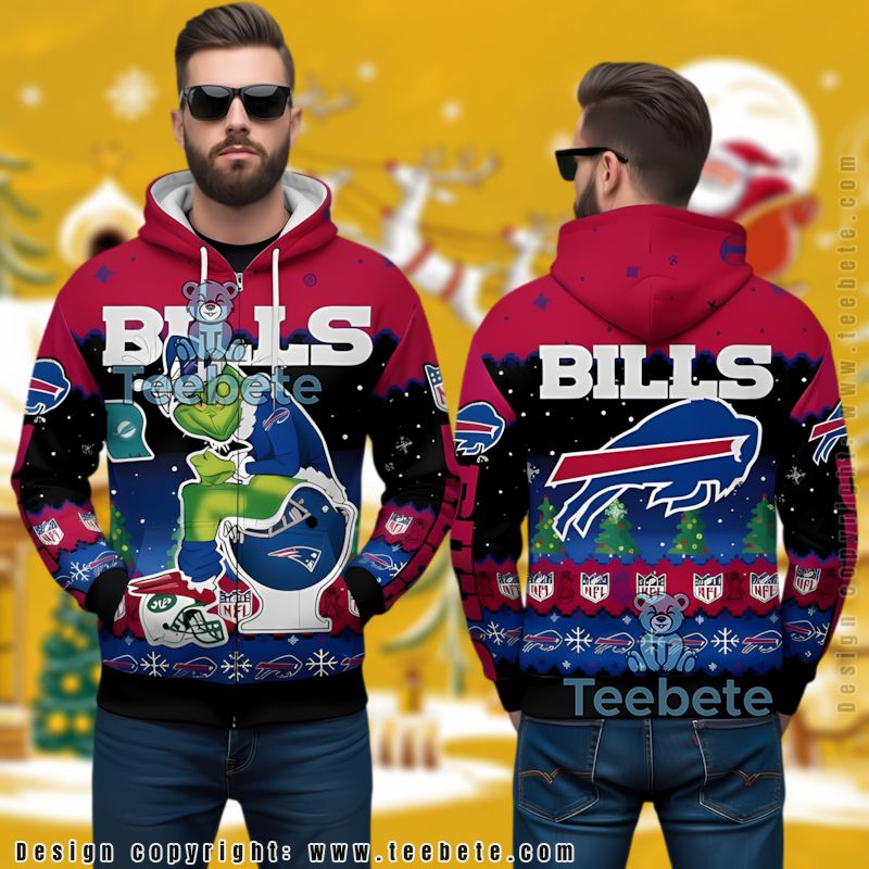 Buffalo Bills Grinch Sitting On Toilet Ugly Christmas 3D Hoodie