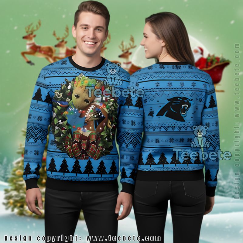 Carolina Panthers Baby Groot Ugly Xmas Sweater Party Blue