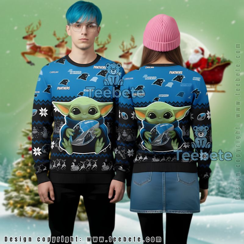 Carolina Panthers Baby Yoda Family Ugly Christmas Sweaters Blue