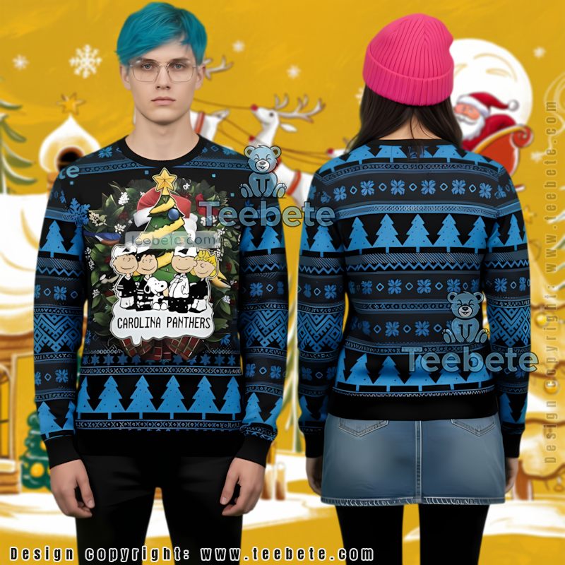 Carolina Panthers Charlie Brown Snoopy Peanuts Ugly Christmas Sweater Blue Cute