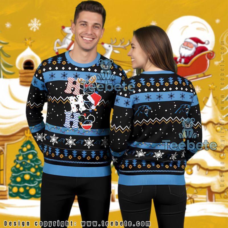 Carolina Panthers Ho Ho Ho Mickey Mouse Mens Ugly Sweaters For Christmas Blue