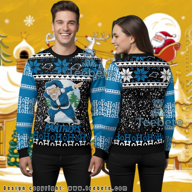 Carolina Panthers Ho Ho Ho Santa Claus Ugly Christmas Sweater Vacation Blue